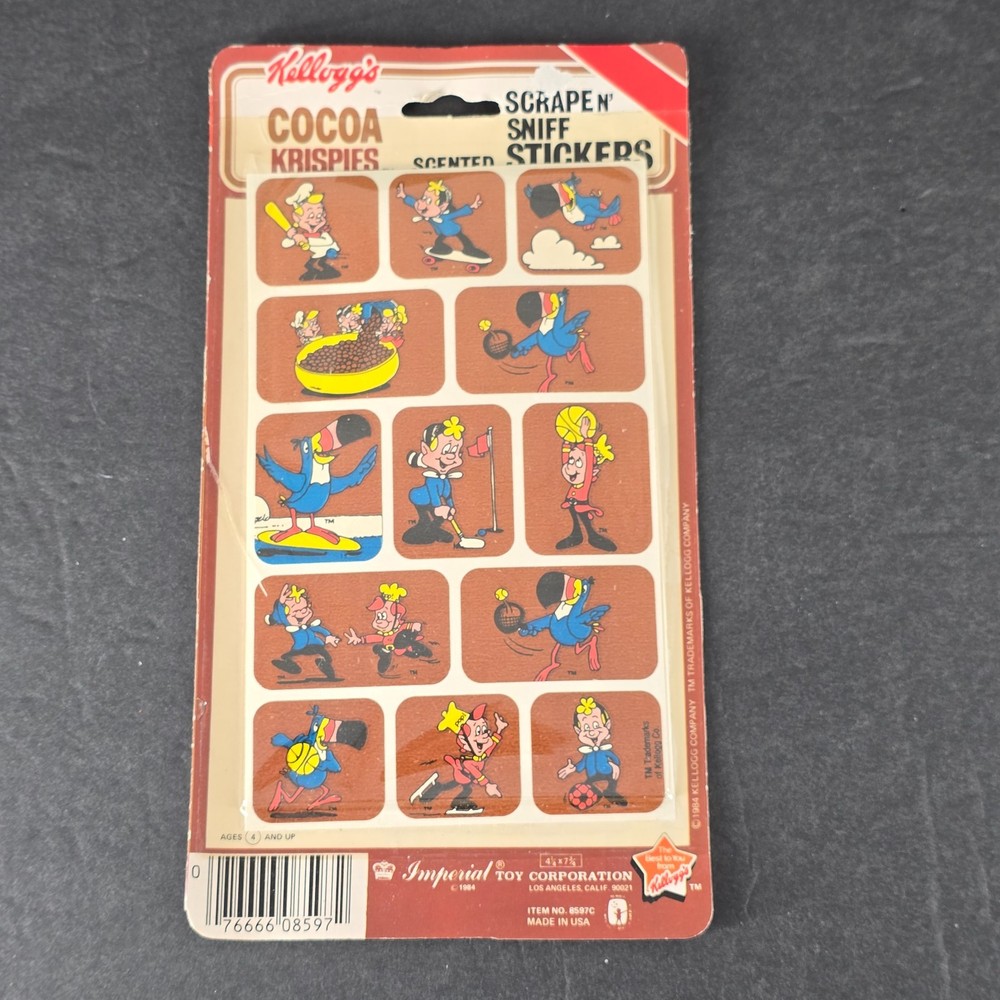 Vintage Imperial Toy KELLOGG’S Cocoa Scratch Scrape n’ Sniff Stickers SEALED NOS