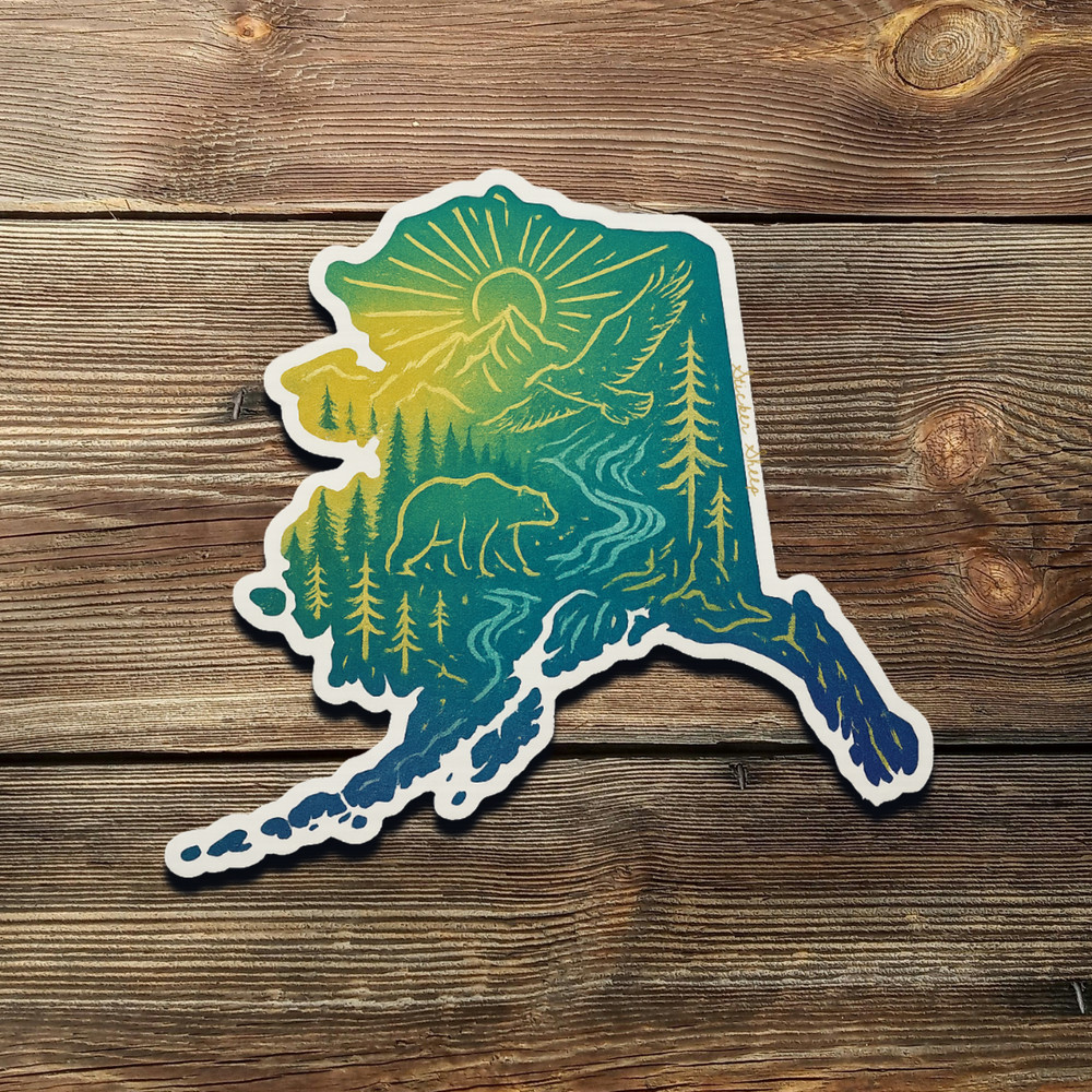 Alaska Vinyl Sticker – Gold Foil Wildlife Decal with Bear, Eagle & Forest Scene