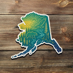 Alaska Vinyl Sticker – Gold Foil Wildlife Decal with Bear, Eagle & Forest Scene