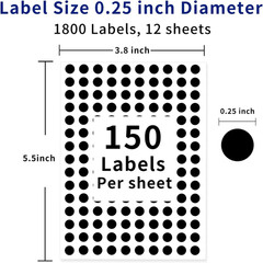 0.25 Inch round Permanent Adhesive Color- Dot Stickers,Black,Pack of 1800