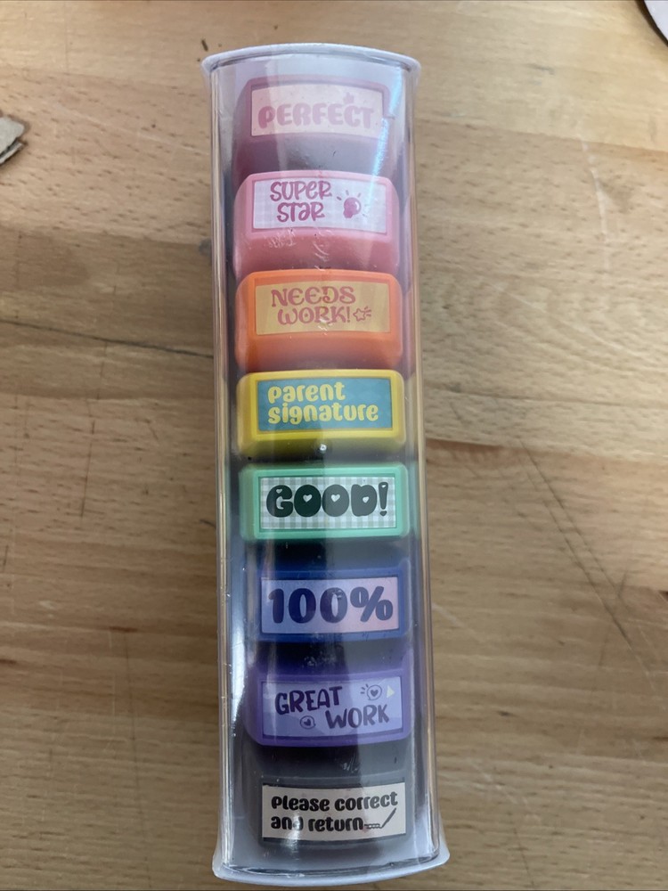 Colorful Self-Inking Motivation School Grading Teacher Stamp Set and Tray (8-…