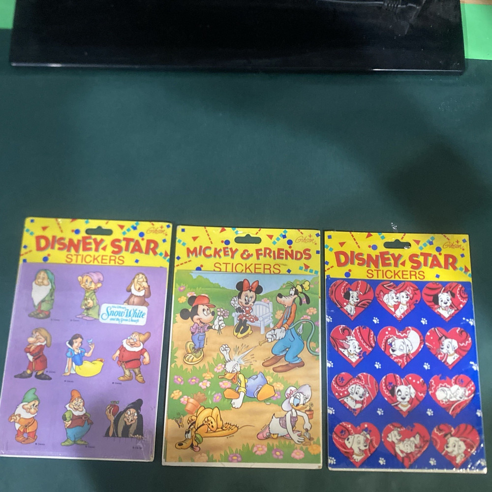 3 VINTAGE DISNEY STAR STICKERS- SNOW WHITE – MICKEY & FRIENDS -DALMATIANS GIBSON