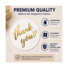 500 PCS Thank You Stickers Roll – 1.5 Inch Round Gold Foil Stickers with H