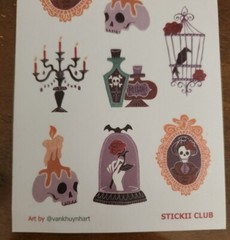 STICKII CLUB Halloween Gothic Skulls themed sticker sheet, art by vankhuynhart