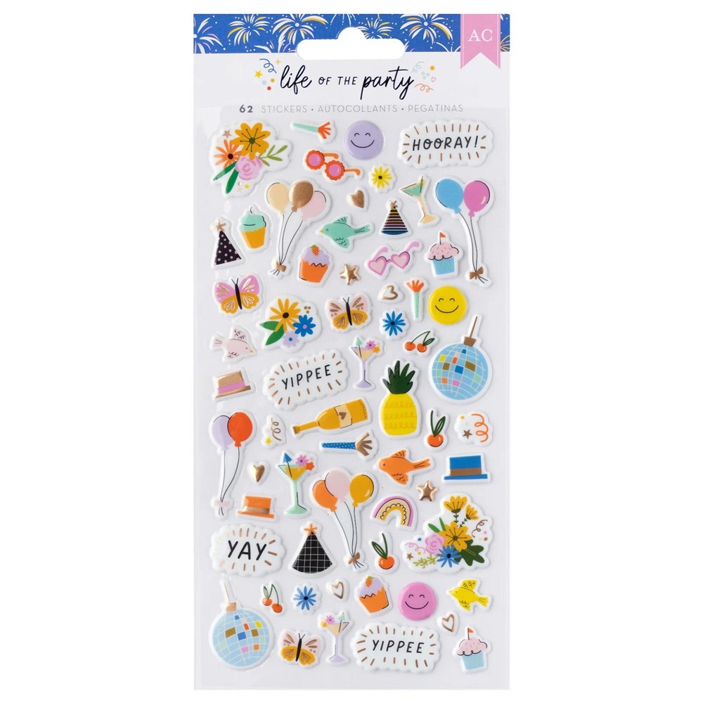 American Crafts LIFE OF THE PARTY ICONS (62) PUFFY STICKERS gold foil accents