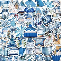 50 PACK BLUE CHRISTMAS Retro VTG Y2K Nostalgia Festive Scenes Sticker Lot 50PCS