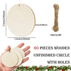 60 Unfinished Wooden Circles with Holes, 3 Inch Wood Discs for Crafts, Blank …