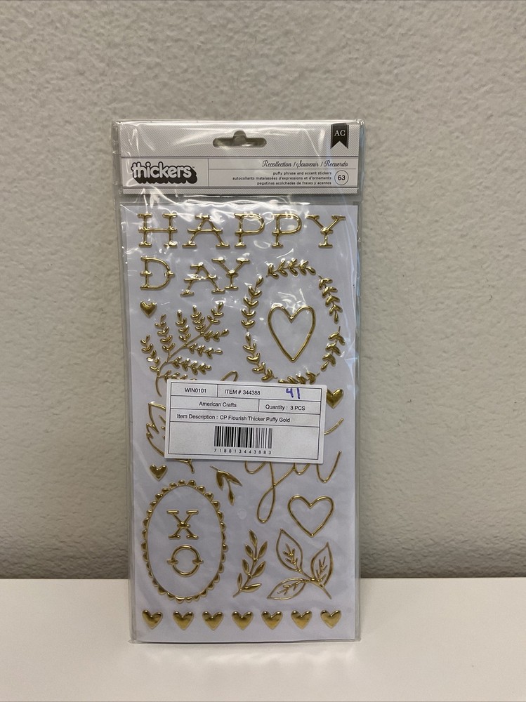 American Crafts Puffy Phrase And Accent Stickers, Recollection Gold – 3 Pack