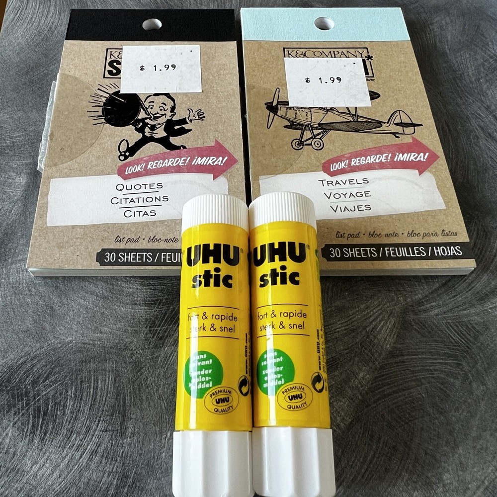 Travels and Quotes Smash List Pad 1 each and 2 New Uhu Glue Sticks LOT K&Company