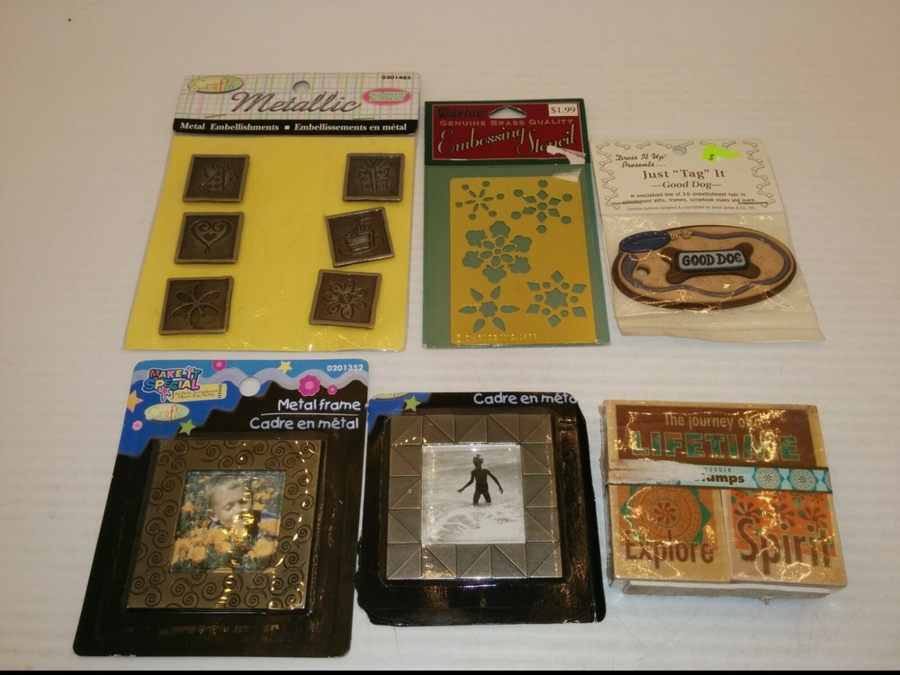 ASST METALLIC EMBELLISHMENTS, FRAMES, EMBOSSING STENCIL & RUBBER STAMPS, NIB