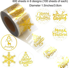 Christmas Stickers, 1.5 Inches, 600 Sheets, 6 Waterproof Transparent Gold Foil S