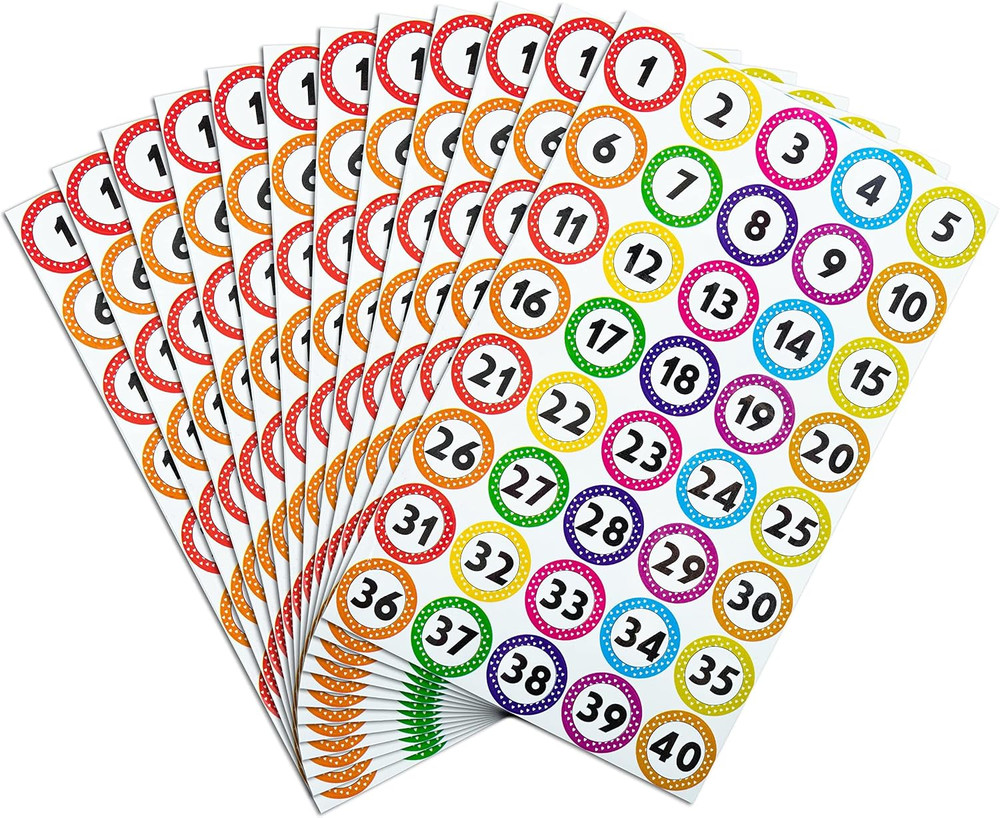 480 PCS Colorful Number Stickers 1–40 (1 Inch), Waterproof & Tear-Resistant Numb