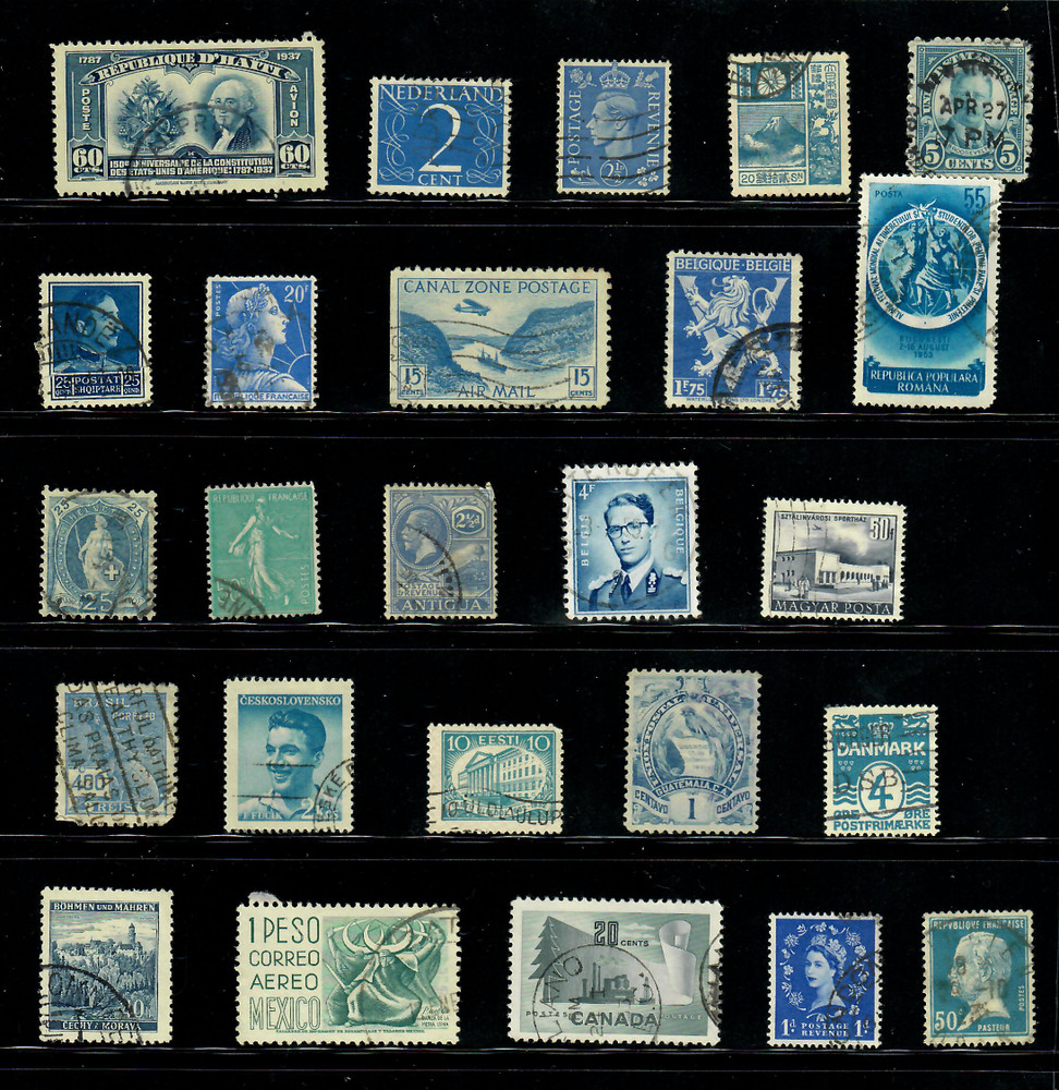 25 Blue Teal Slate Worldwide Used Stamps Color Lot — Crafts Art (WM256)