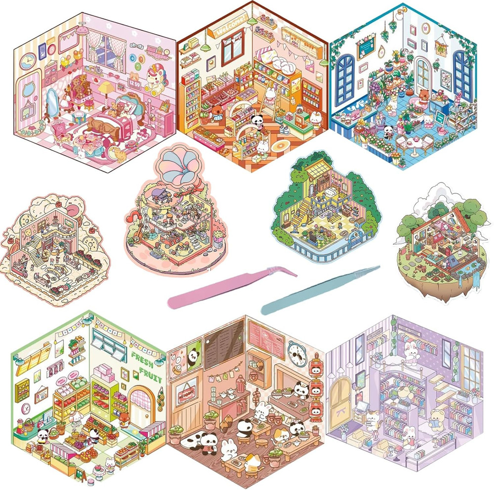 10 Sets 3D Scene Stickers DIY Decorative Stickers Cute Isometric Sticker Kawaii