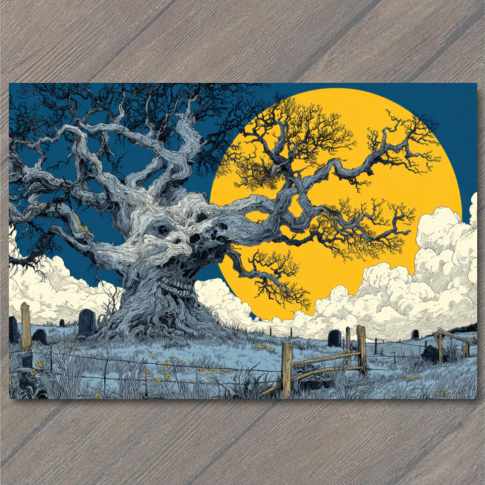STICKER Dark Tree Against Yellow Moon Spooky Graveyard Atmosphere Halloween
