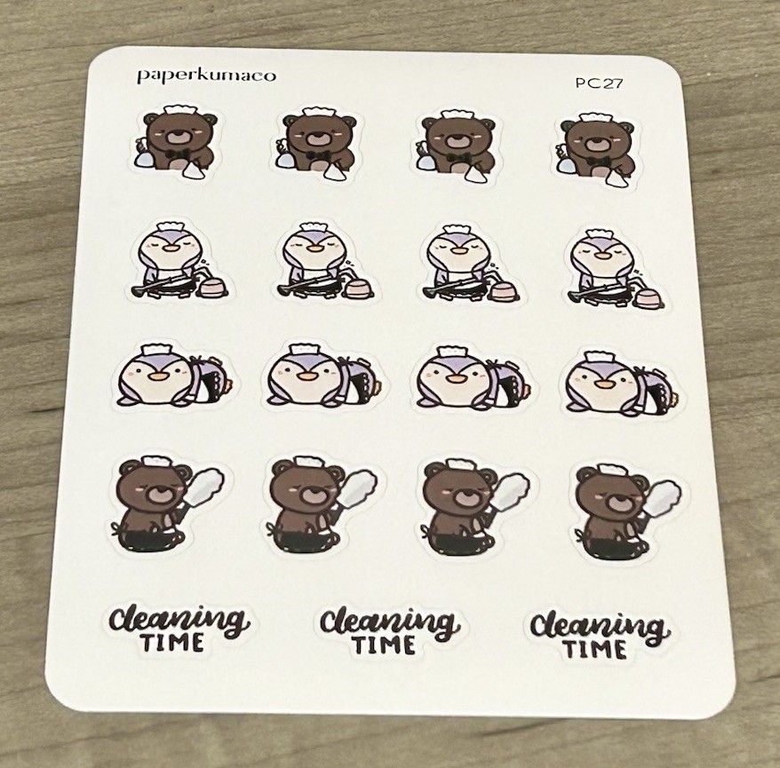 NEW PaperKumaCo “Cleaning Time” Sticker Sheet Paper Kuma Co PKC Stickers