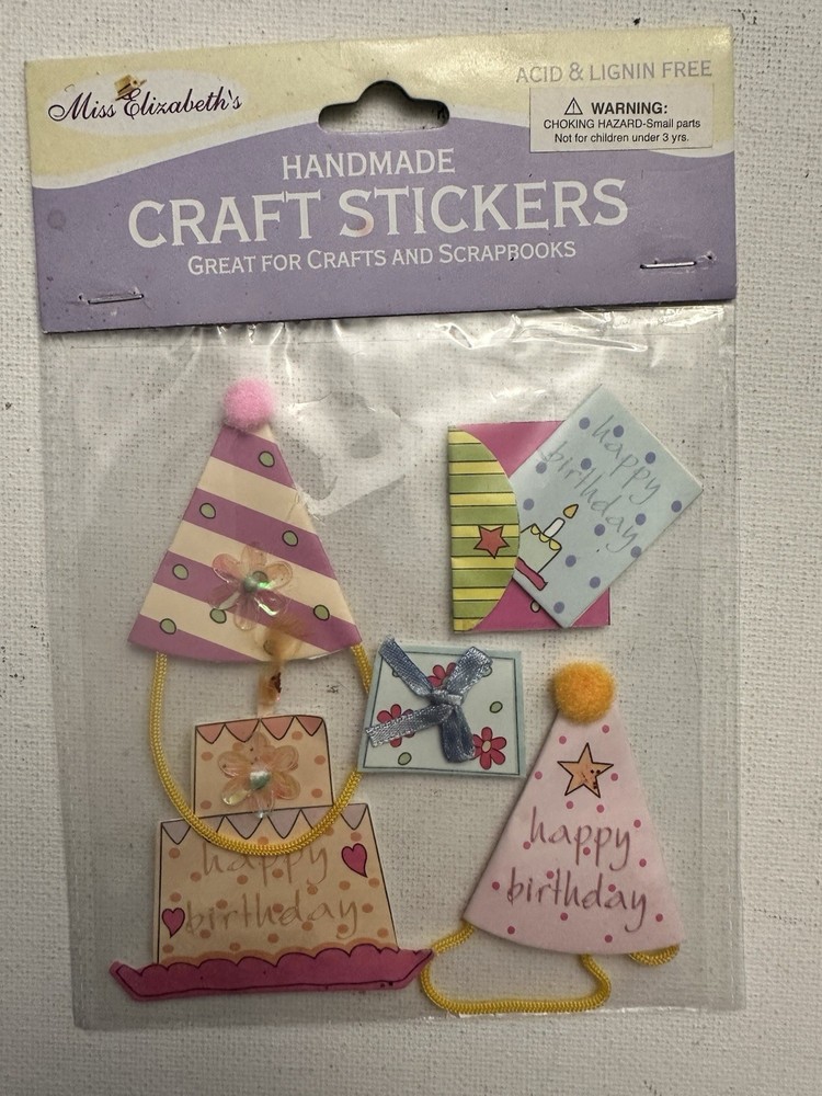 Miss Elizabeth’s Scrapbook Stickers Happy Birthday Party Hats Cake Card