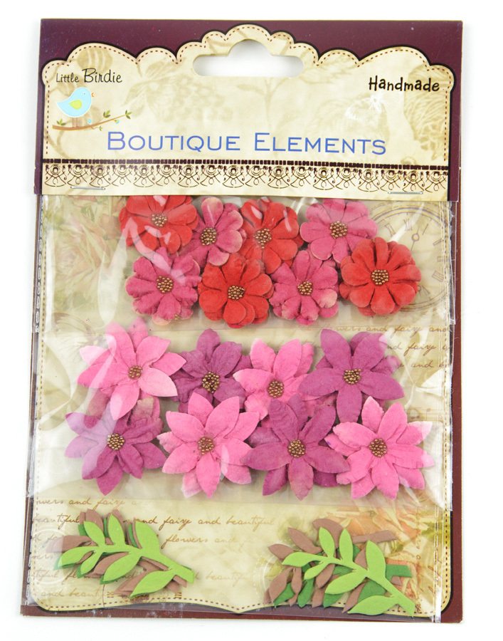 Mixed Media Paper Flowers in Pink, Red, Magenta – 16 Miniature Craft Flowers