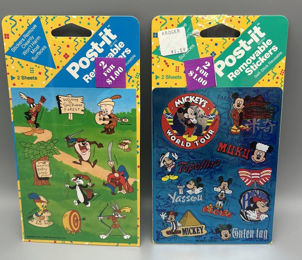 Lot Of 2 Vintage 1990 Post-It Removable Stickers Mickey Mouse Looney Tunes