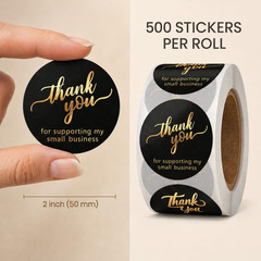 Thank You Stickers, 2 Inch, 500 Pcs, Black & Gold | Small Business, Round