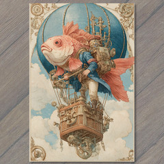 STICKER Steampunk Airship Goldfish Rider Balloon Sky Fantasy Mechanical
