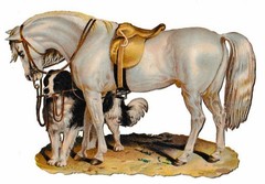 Victorian Die Cut, Lovely White Horse and Dog, 3 and 1/2 by 5 inches
