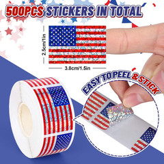 Whaline Patriotic Glitter Sticker Roll – 500PCS American Flag Waterproof Self-Ad
