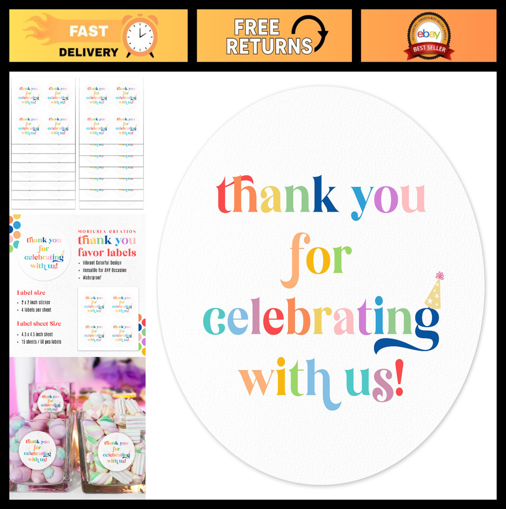 Colorful Thank You Stickers | 2″ Waterproof Labels for Wedding, Baby Shower | 60