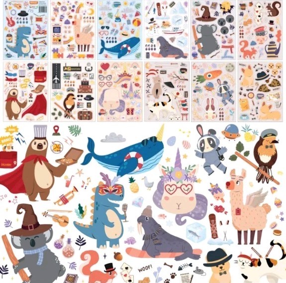 48 Sheets X 3 Make a face Stickers for Kids, Make Your Own Animal