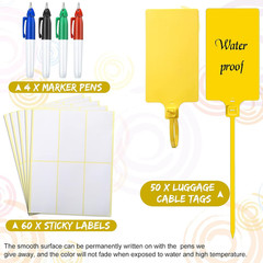 50 Pieces Waterproof Plastic Tags with Marker Pens and Sticker Labels, Self Lock