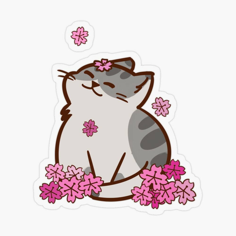 Sakura Cat Cherry Blossoms Vinyl Sticker 3×3.5″ Matte Handmade Durable