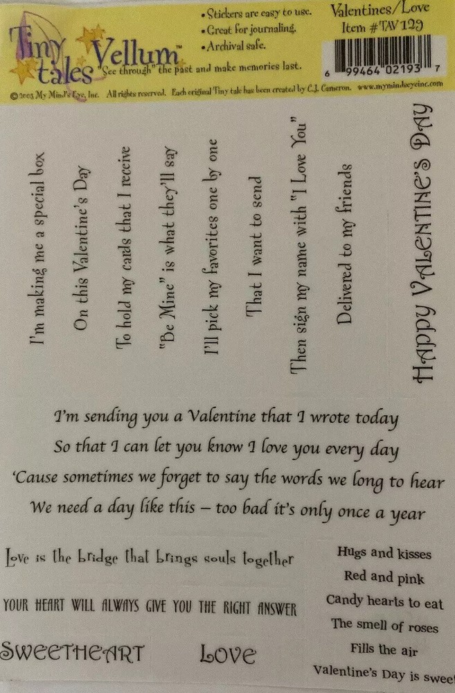 VALENTINES/LOVE Vellum Sticker(8pc)4.5″x 6″Tiny Tales•Love•Sweetheart•Kiss•lover