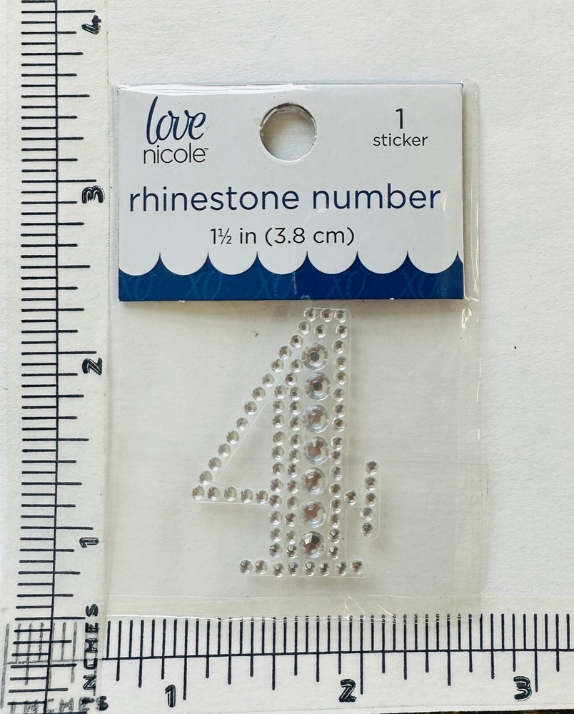 Number 4 Rhinestone Sticker 1.5″ Clear Silver Glitter Scrapbook Monogram Bling