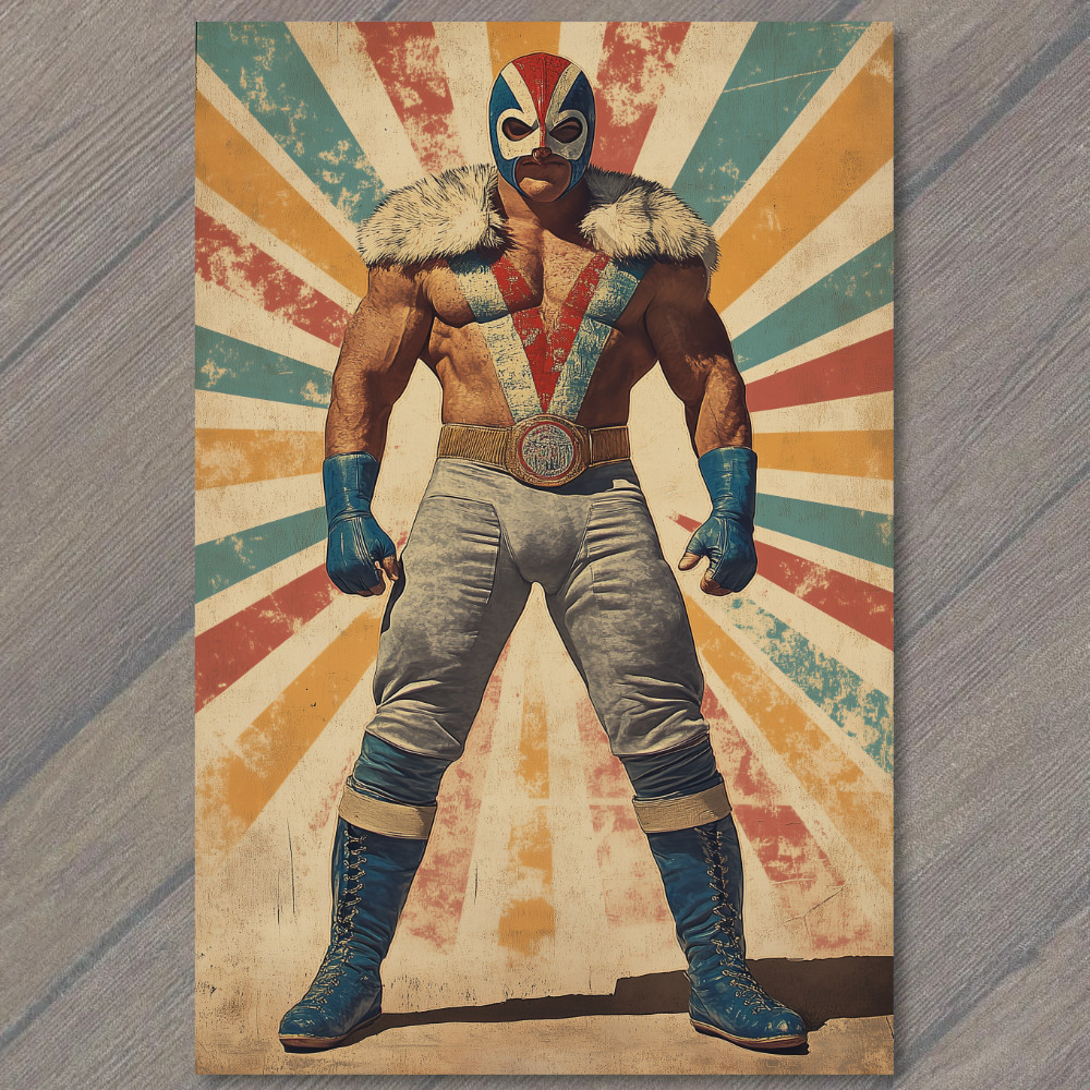 STICKER Masked Wrestler Red Blue Gloves Belt Cape Starburst Muscles Retro Toug