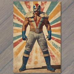 STICKER Masked Wrestler Red Blue Gloves Belt Cape Starburst Muscles Retro Toug
