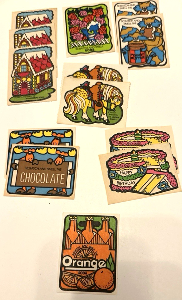 13 Vintage Mello Smello Stickers ’80s Scratch and Smell Orange Chocolate Roses +
