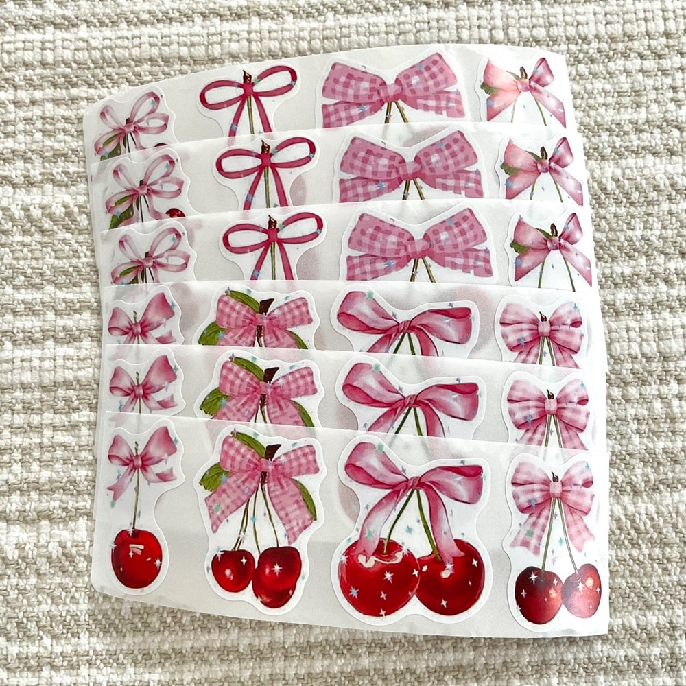 24 Pink Coquette Bow & Cherry Stickers 1.5” Envelope Seals Scrapbook Journal