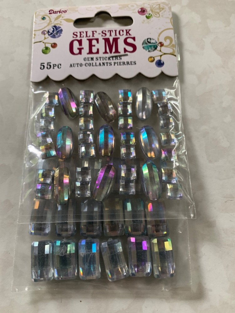 DARICE SELF-STICK GEMS TWO SHEETS CLEAR GEMSTONE MULTI-DESIGNS-SIZES 55PCS