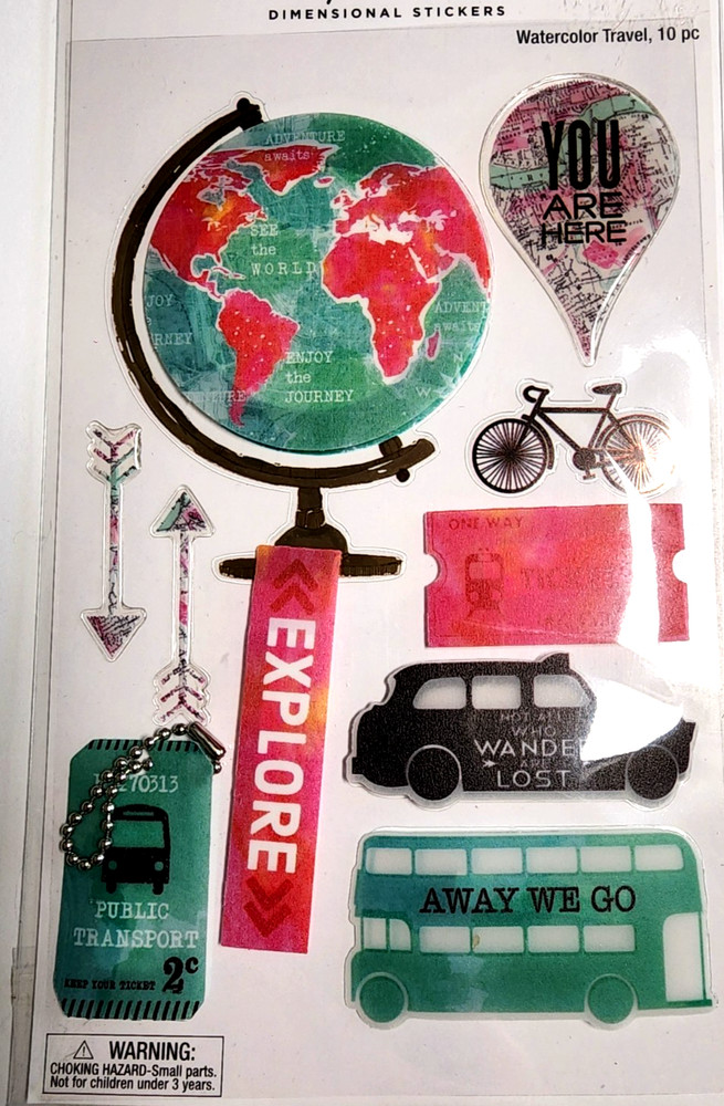 Watercolor Travel 3D Acetate Stickers Paper Studio World Globe Taxi Bus 10pc