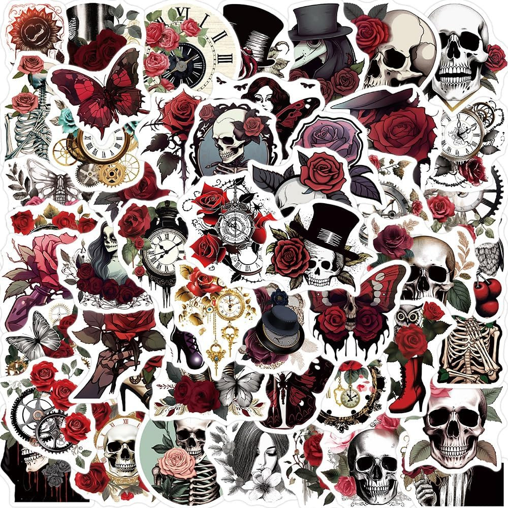 Gothic Steampunk Rose Skeleton Stickers – 50Pcs Vinyl Vintage Horror Skull Flowe
