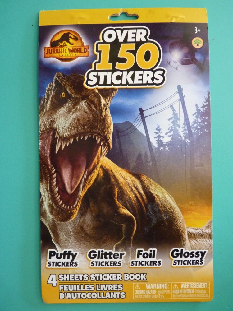 Jurassic World Dinosaur Sticker Book (4) Sheets Puffy, Glitter, Foil, Glossy