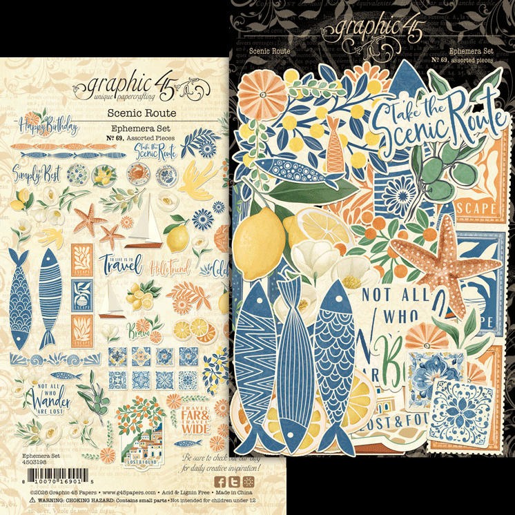 Graphic45 SCENIC ROUTE (69pc) DIE-CUT EPHEMERA ASSORTMENT scrapbooking