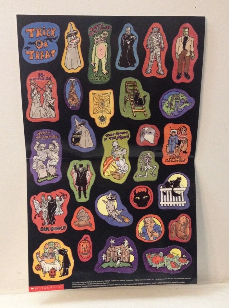 Vintage Halloween 1988 Scholastic Glow In Dark Sticker Poster Full Sheet Retro
