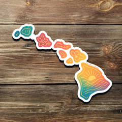 Hawaii Islands Vinyl Sticker – Gradient Map Decal with Flowers & Sunset Art