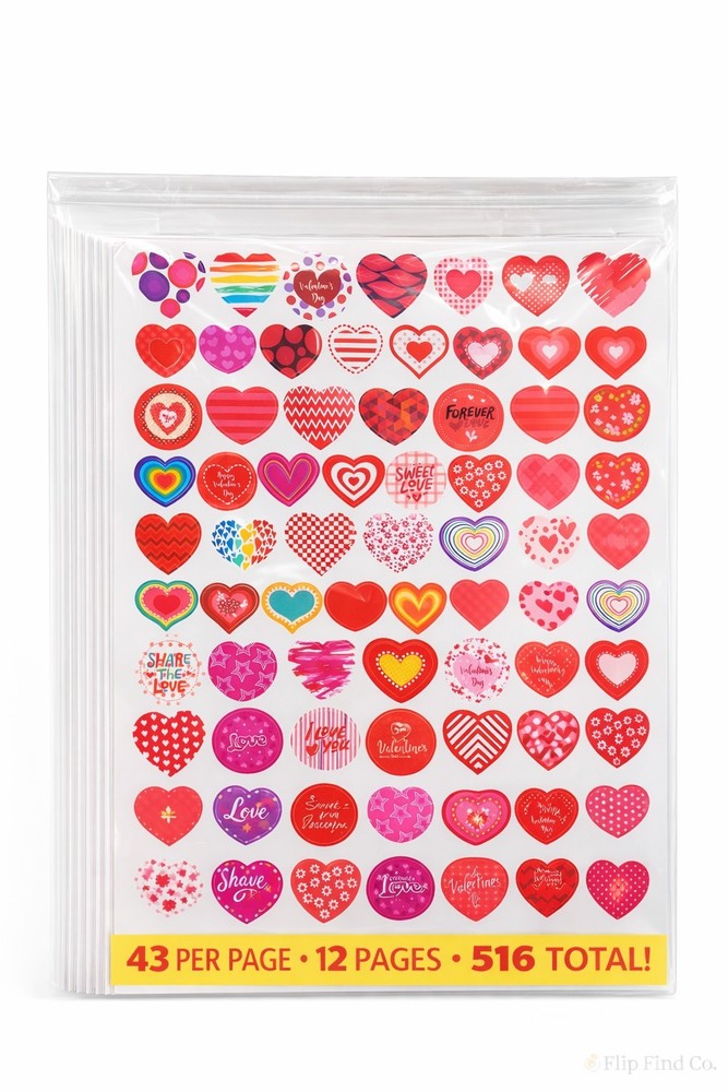 Heart Stickers Lot 12 Sheets 516 Total (43 Per Page) Scrapbook Crafts