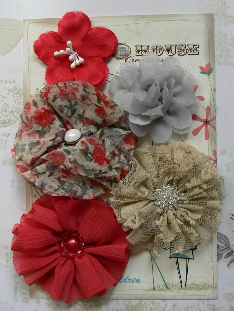 RED Floral GREY LATTE Mix Fabric 5 Flower Pack 50-75mm Manor House