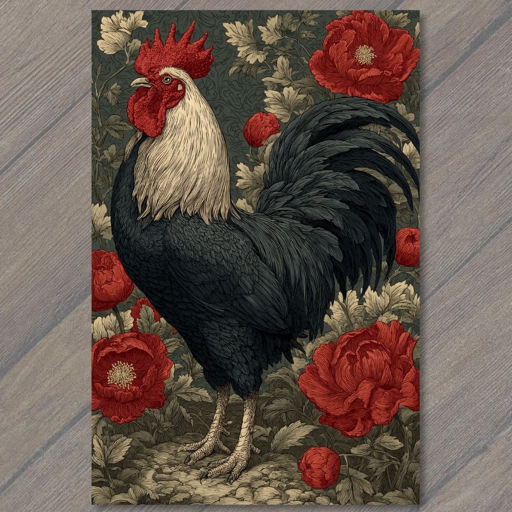 STICKER Black Rooster White Hackle Red Roses Floral Botanical Pattern