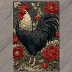 STICKER Black Rooster White Hackle Red Roses Floral Botanical Pattern