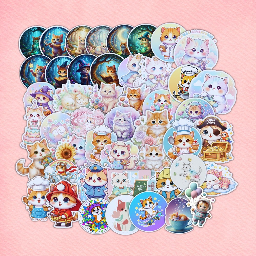 45 Cute Kawaii Cat Digital Stickers – Printable Digital Download | 3×3 Inch