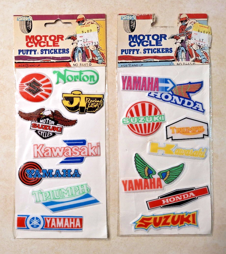 Vintage Motorcycle Puffy Stickers Lot Yamaha Suzuki Kawasaki Triumph Honda 1980s